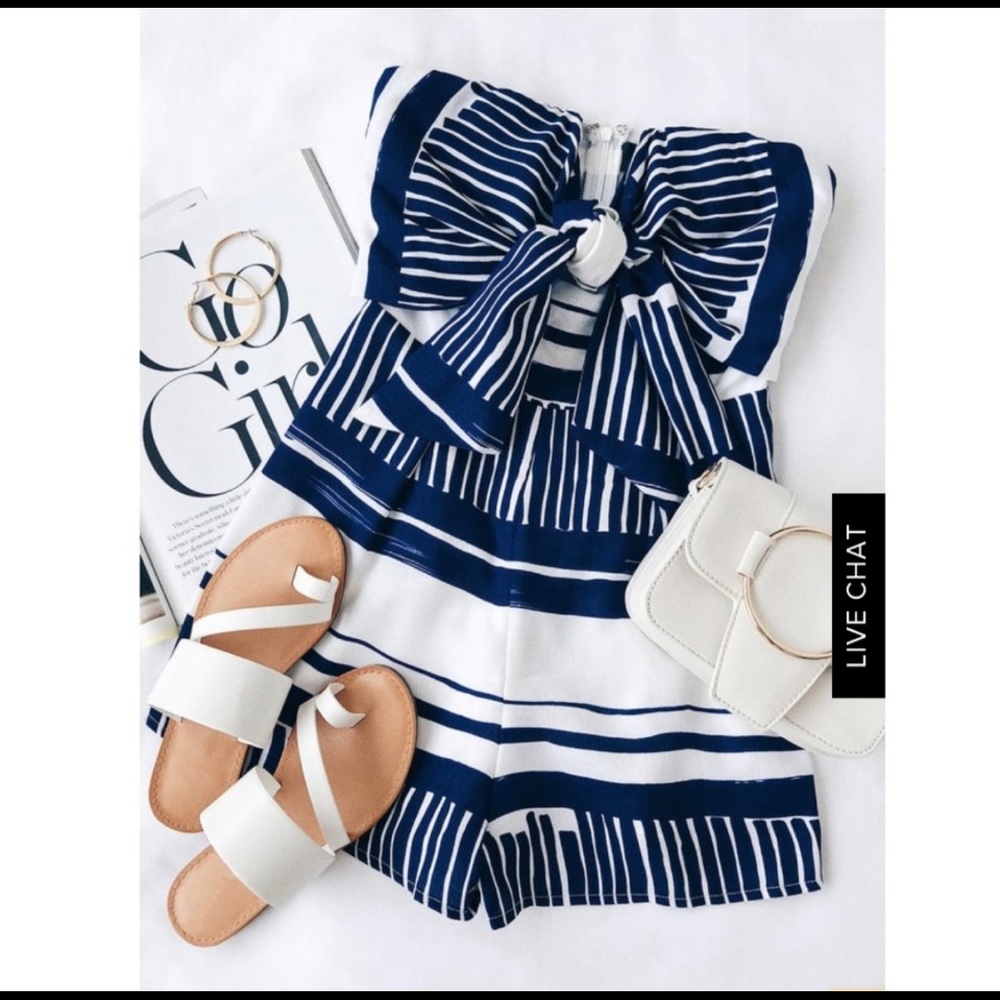 Lulus Delphi Blue/White Striped Romper with Bow